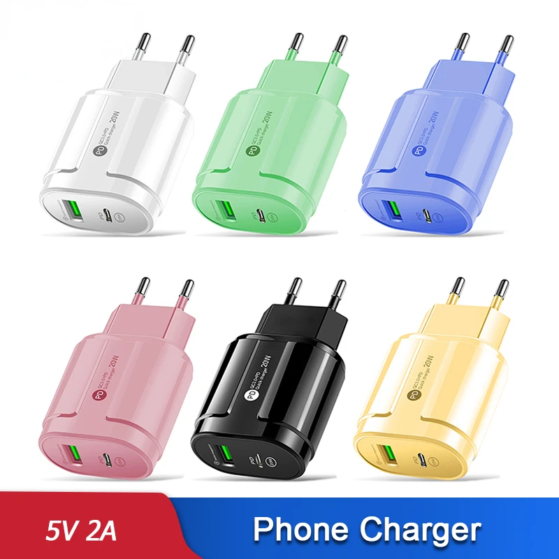 New Fast Charging Head 20W PD USB 5V 2A C Charger Dual Ports Wall Travel Charger Macaron Color Mobile Plug For iPhone Huawei