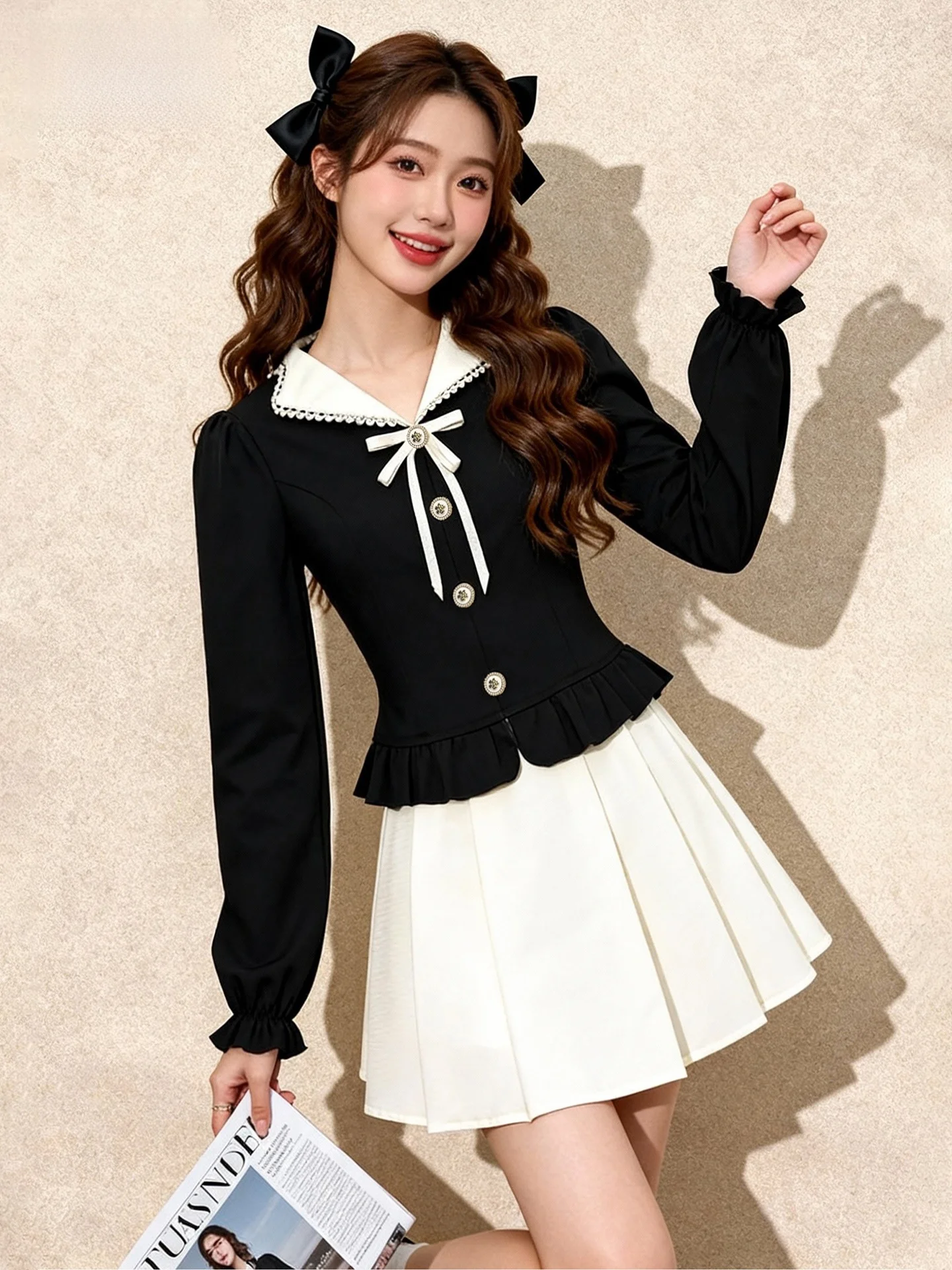 

Chic Bla School Sle Top Bot Set Women's ort Faion Spring Outfit Two-Piece ature Skirt V-Ne Long Sve T-irt