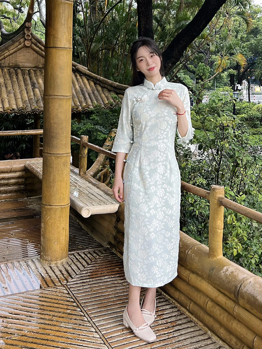 

Ele Light Blue Chinese Sle Long Sve Slim Fit Lace Modified New Arrival Daily Wear Spring Autumn Season