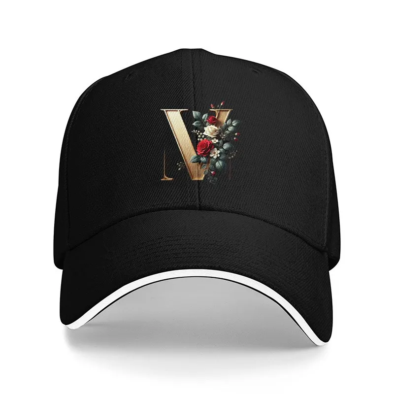 Golden Letter V Monogram Baseball Cap Floral Design Polyester Adjustable Casual Sun Protection Baseball Hat