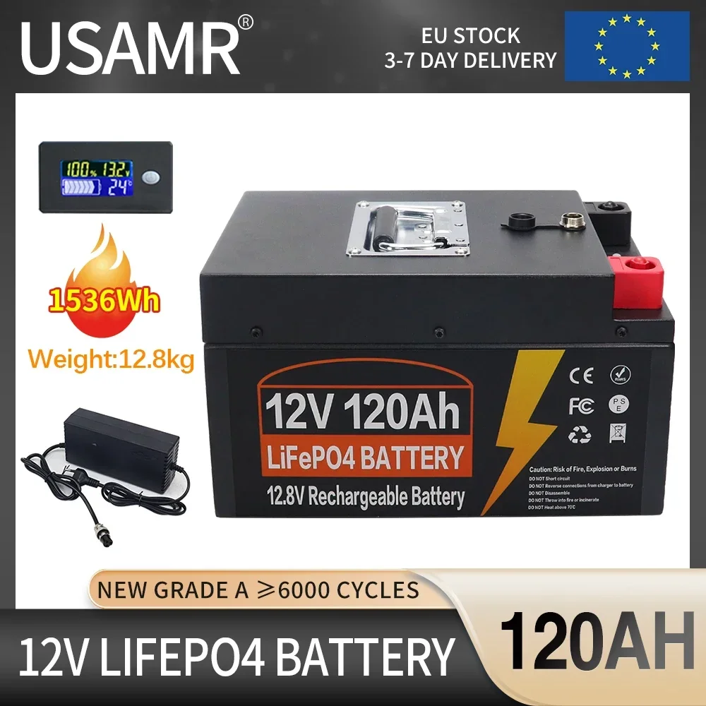 

12V LiFePO4 Battery 120AH Built-in BMS Lithium Iron Phosphate Cells Pack 6000 Cycles For Golf Cart Outdoor Camping Solar Storage