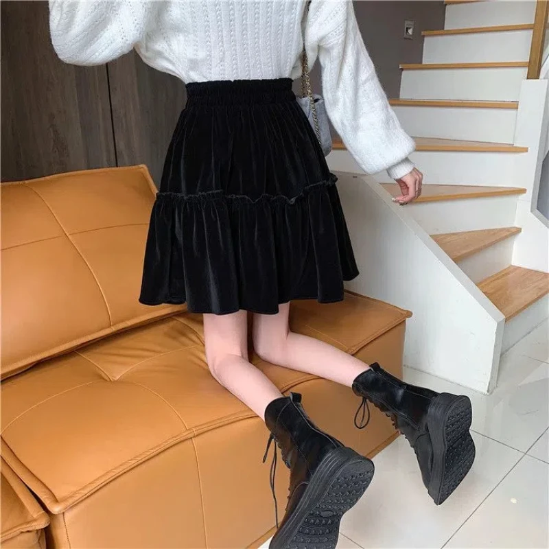 Korean Fashion Autumn Winter New Velvet Women Solid Patchwork Simplicity Elastic High Waist Short A-line Ball Gown Pleated Skirt