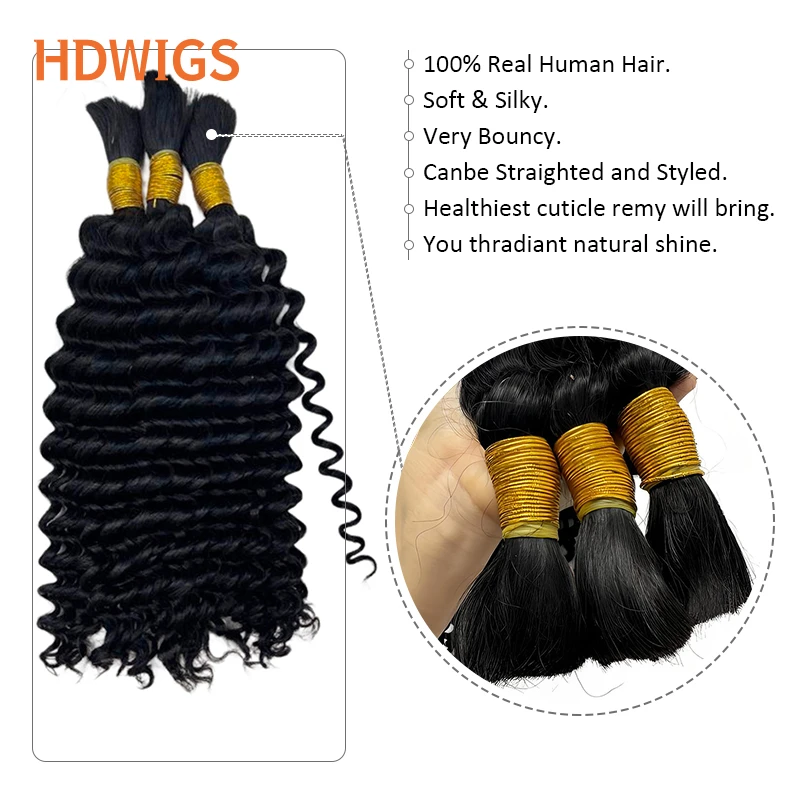 Curly Bulk Human Hair for Boho Braid HDWIGS Deep Wave Unproccessed Human Bulk Hair Extensions for Women Natural Color Bulk Hair