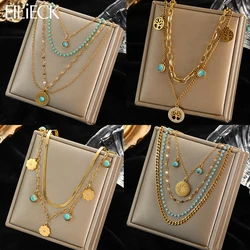 EILIECK 316L Stainless Steel Jewelry Multilayer Green Stone Pendant Necklaces For Women Vintage Chokers Necklace Accessories