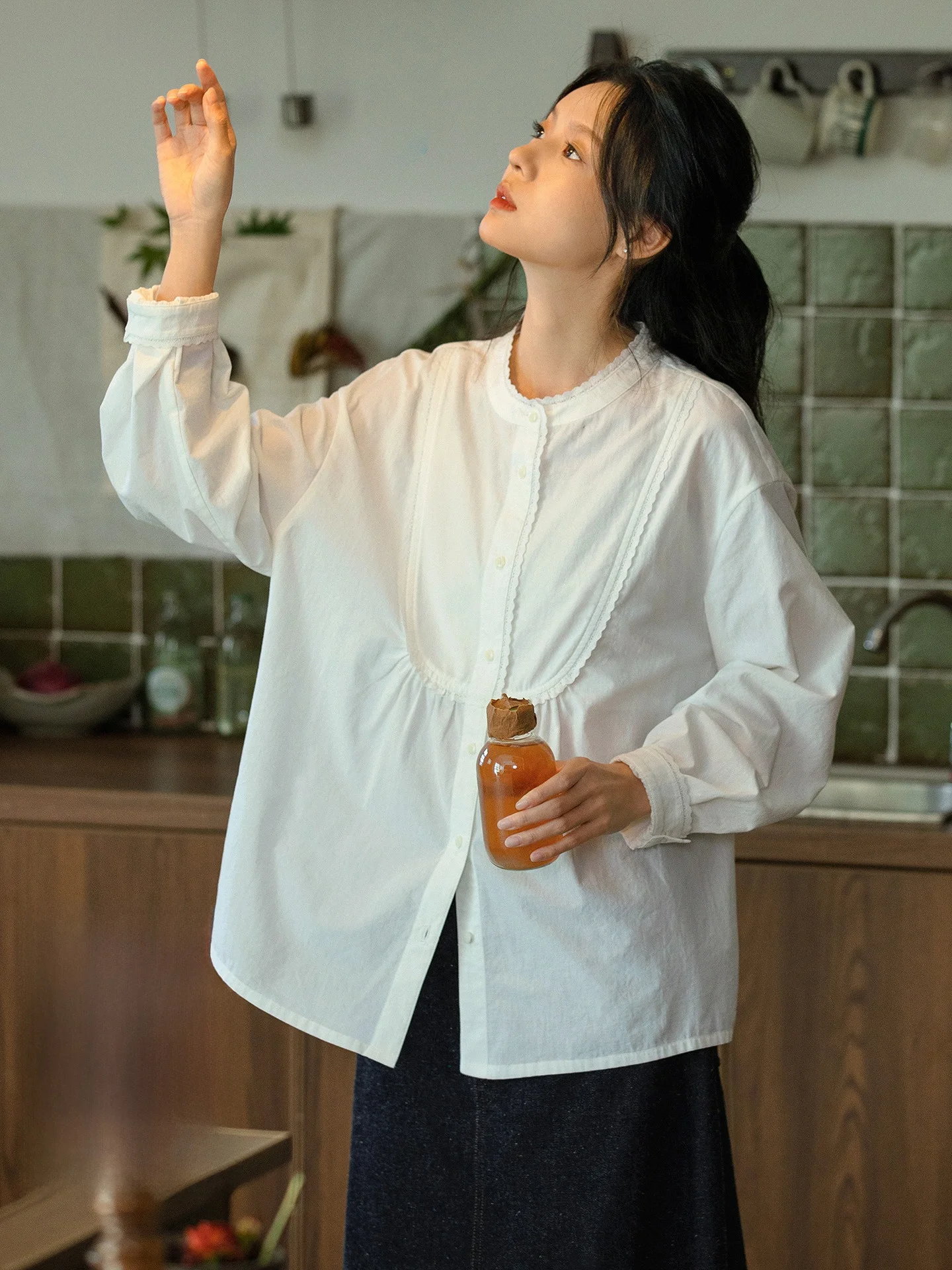 

Original Pure Cotton White irt Women's Loose Long Sve Casual Top Early Autumn Versatile Fem Faion Breathable Skin-F...