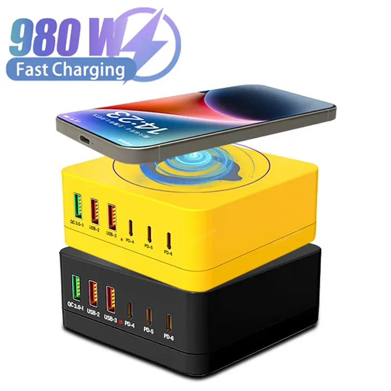 

Низкая цена, суперзарядные устройства QC3.0 + PD, 980 Вт, 6 портов, быстрое зарядное устройство GaN, беспроводное зарядное устройство для Magsafe iPhone Samsung
