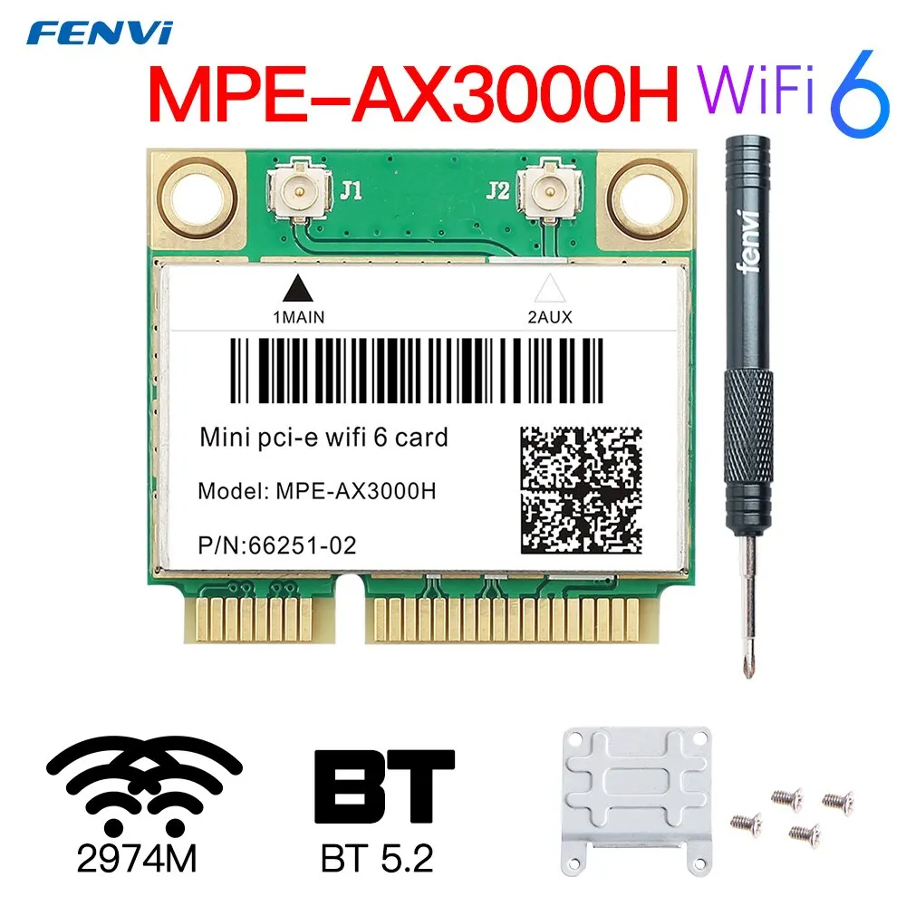 FENVI WiFi 6 Card 2974Mbps Dual Band 2.4G/5Ghz For Bluetooth 5.2 Wireless Half Mini PCI-E Network Wlan WiFi Card 802.11AX Win 10