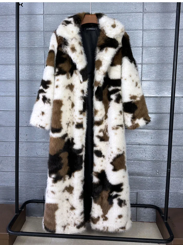 

ZADORIN 130 см длинная утолщенная куртка с лацканами с коровьим принтом, бело-коричневое пальто из искусственного меха, женская одежда, роскошная пушистая куртка, зимние шубы для женщин