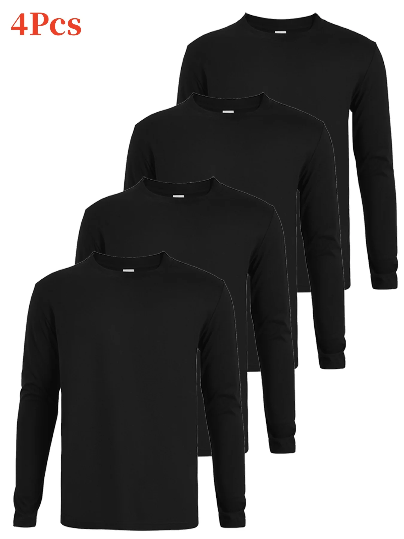 

4 men's casual long sleeved T-shirts - solid color round neck summer top suitable for exercise daily activities, and casual wear