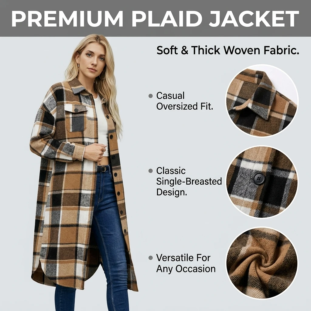 Women's Long Plaid Shacket Jacket Button Down Loose Fit Mid-Length Checkered Trench Coat