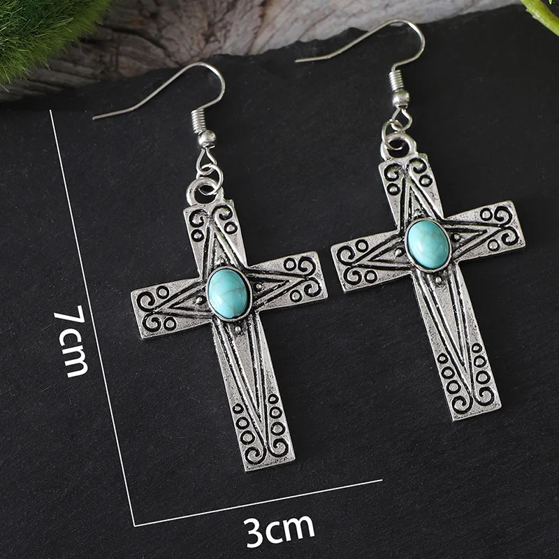 DIY accessories Cross-border wish Amazon retro cross turquoise pendant earrings, bohemian minimalist geometric earrings