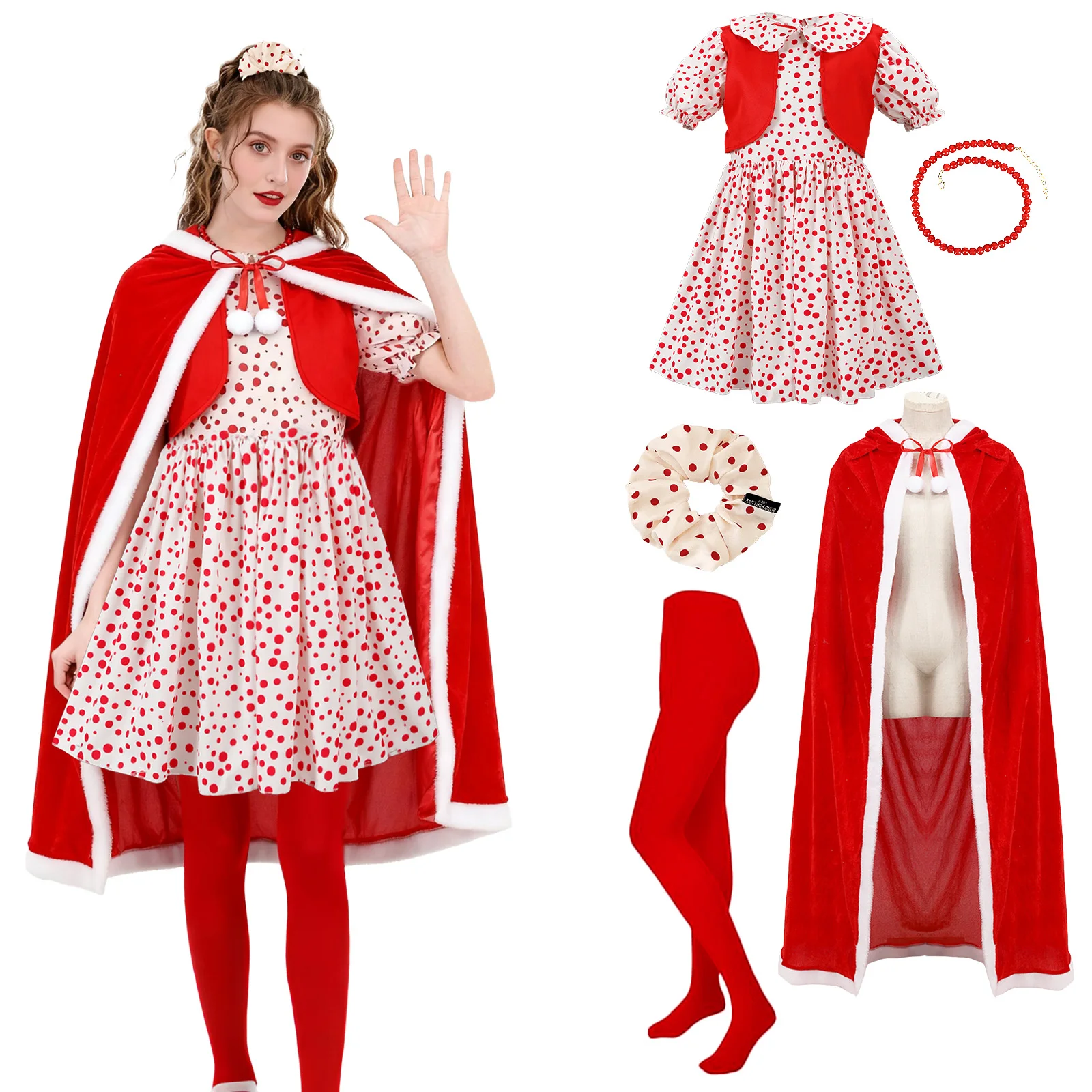 

Cindy Lou Who Christmas Costume for Women Red Christmas Dresses Velvet Hooded Cape Tights Necklace Hair Tiefor Accessories