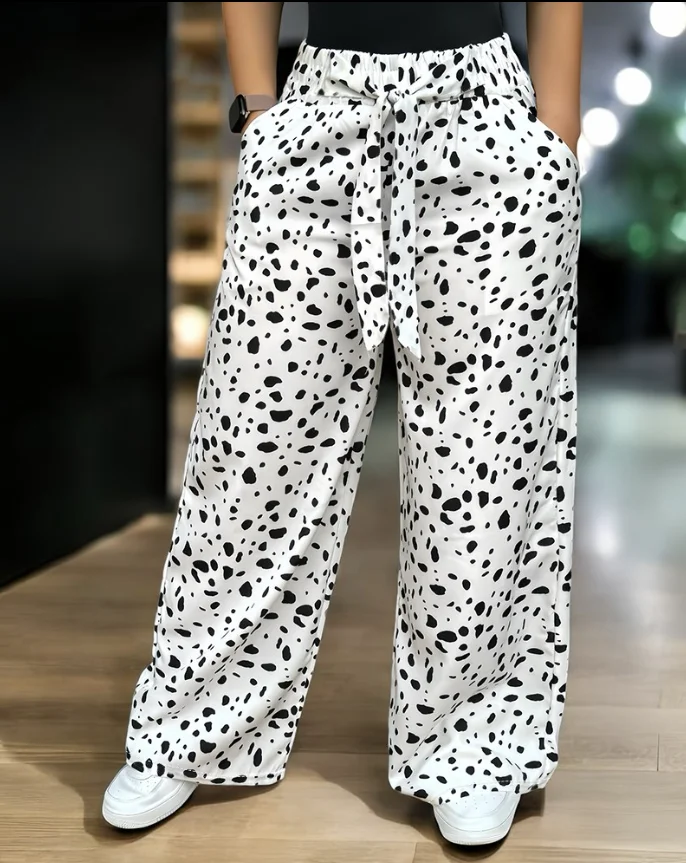 

Leopard Pattern Tied Detail Drawstring Wide Leg Pants Casual Pants Women S Casual Joggers Loose Wide Leg Pants