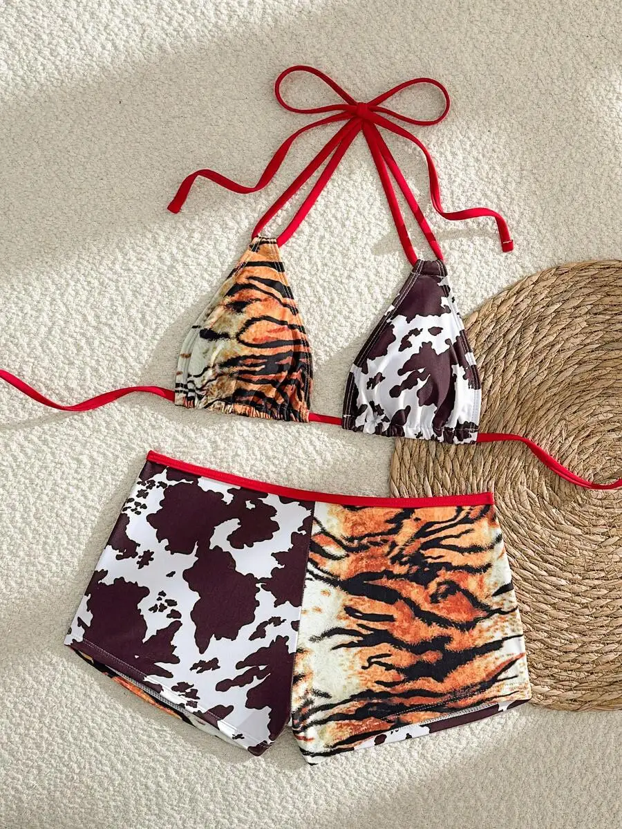 

Patchwork Animal Print Halter Triangle Top And High-Waisted Shorts Two Piece Bikini Set