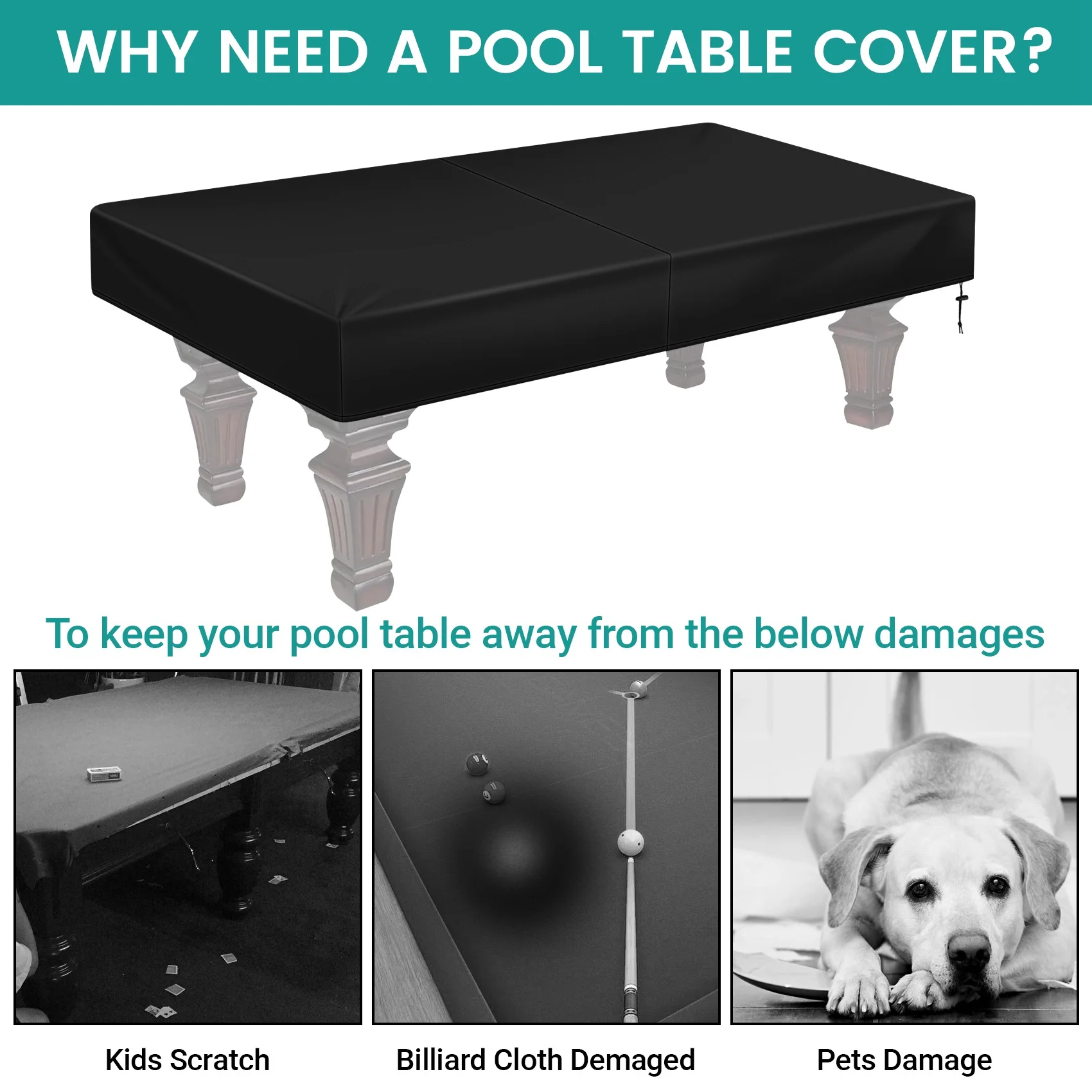 Capa de mesa de bilhar de 8 pés com cordão durável capa de mesa à prova d'água para mesa retangular, preta