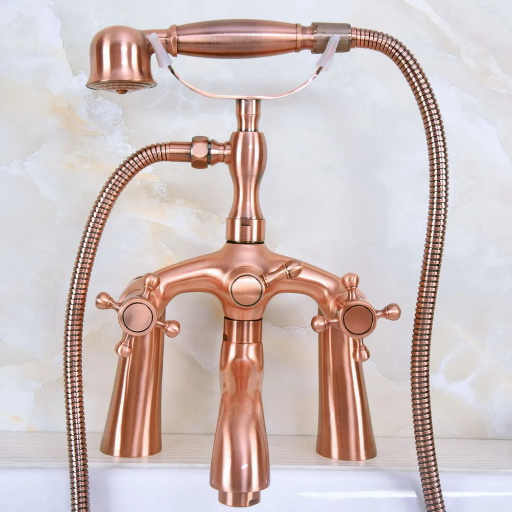 

Antique Red Copper Deck Mounted Dual Handles Bathtub Faucets with Hand Shower Telephone Type Bath Shower Faucet Lna153