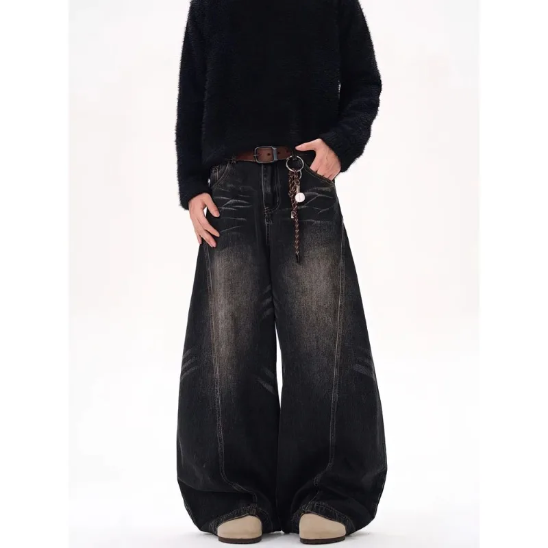 Vintage Black Washed Baggy Jeans Pants Men Wide leg Curved Blade Pants Streetwear Cowboy Casual Denim Straight Trousers