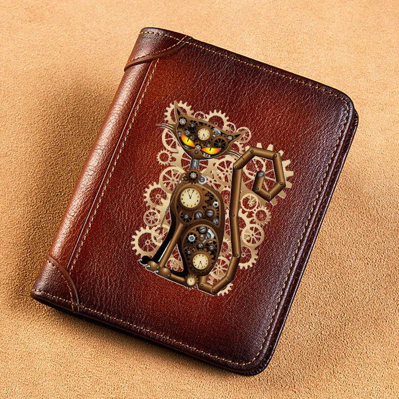 

High Quality Genuine Leather Men Wallets Vintage Steampunk Gear Cat Design Short Card Holder Purse Trifold Men's Wallet BK3845