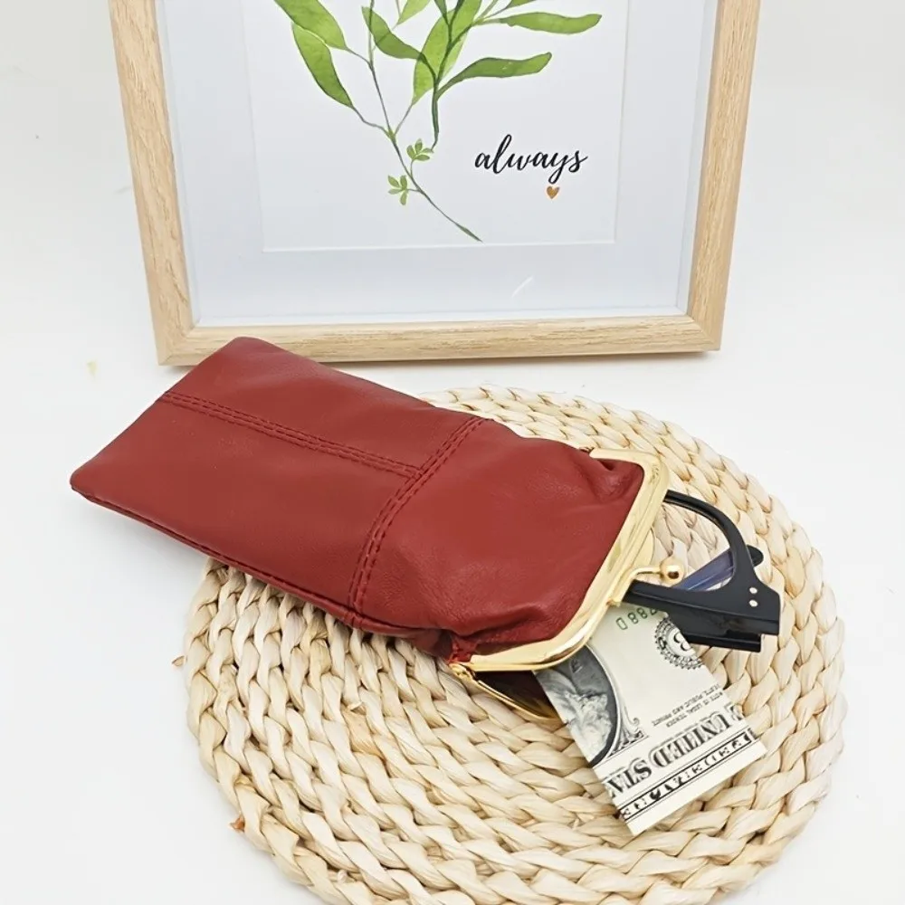 Vintage Kiss Lock Coin Purse Large Capacity Multi-Functional Eyeglasses Bag PU Leather Long Clutch Wallet Eyeglasses