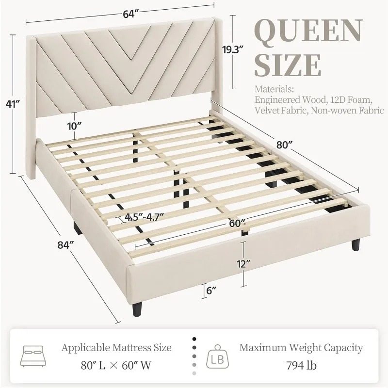 Queen Bed Frame Upholstered Platform Bed with Wing Side/Wooden Slat Support/Tufted Headboard