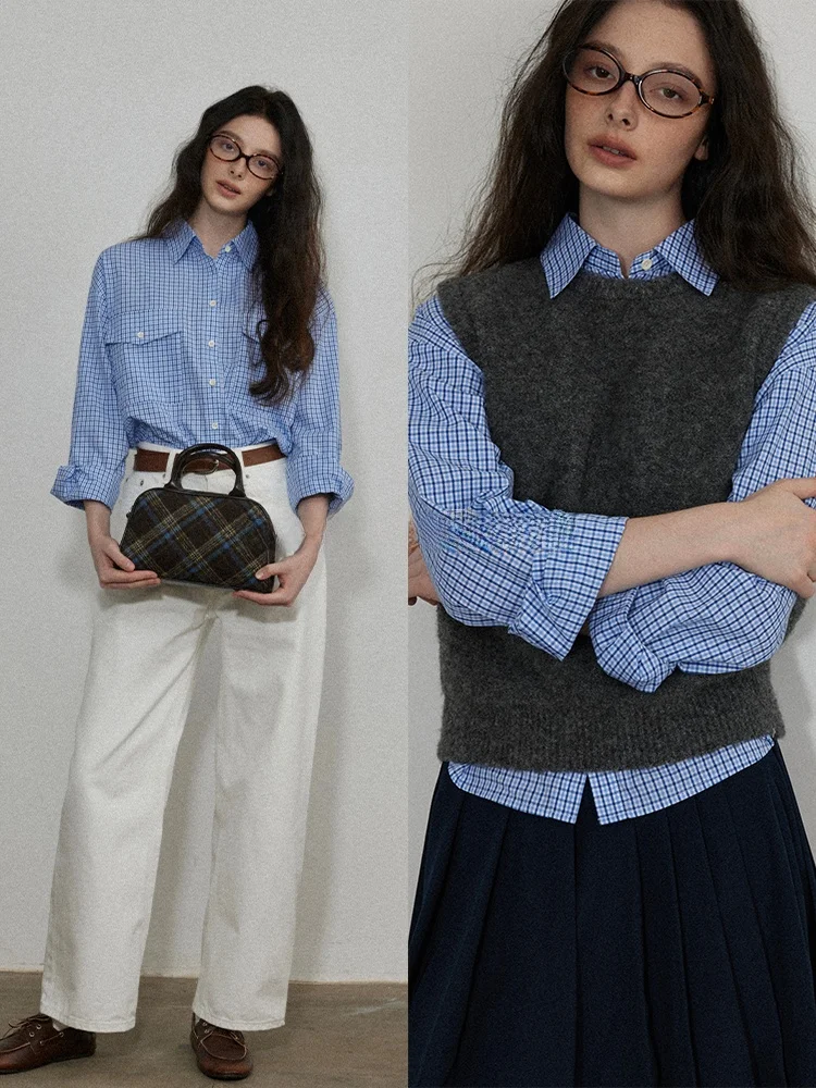 

Свободная женская рубашка с длинным рукавом, синяя, в клетку, с воротником, весна-осень, в стиле Lofi, для повседневной носки, стандартной длины