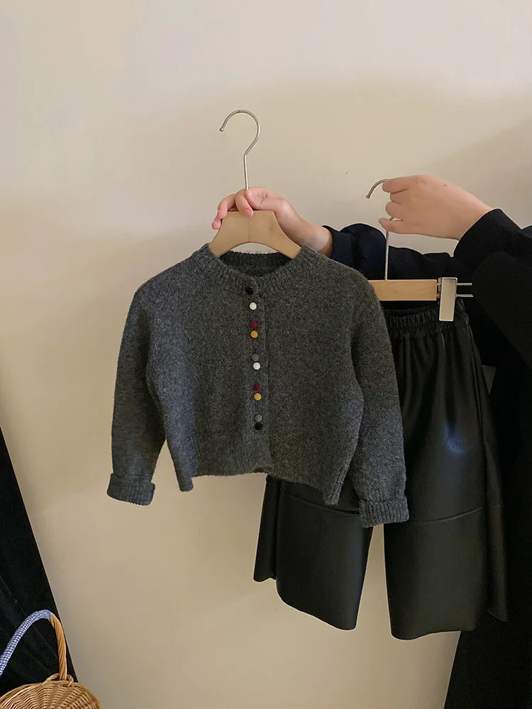 

Girls' Stylish Colorful Button Sweater Cardigan Autumn Winter New Fleece Warm Leather Pants Set Trendy