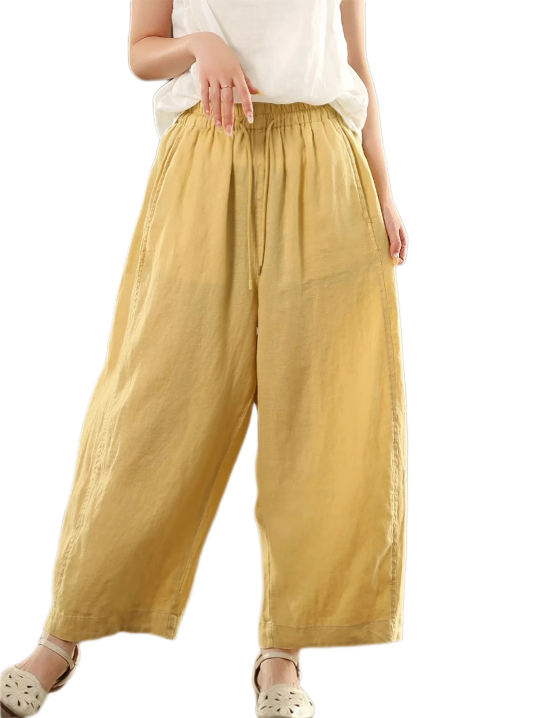 Cintura alta calças de perna larga das mulheres verão fino solto algodão linho nove pontos com cinto drapeado emagrecimento casual foice calças