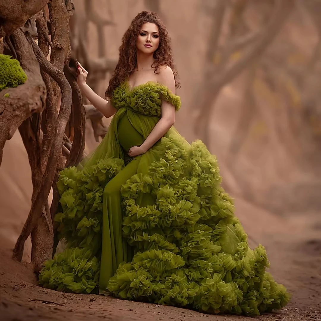 Green Ruffled Maternity Prom Dress Photoshoot Customized Pregnant Women Layers with Lining Tulle Ruffled Tiered Bridal Dress