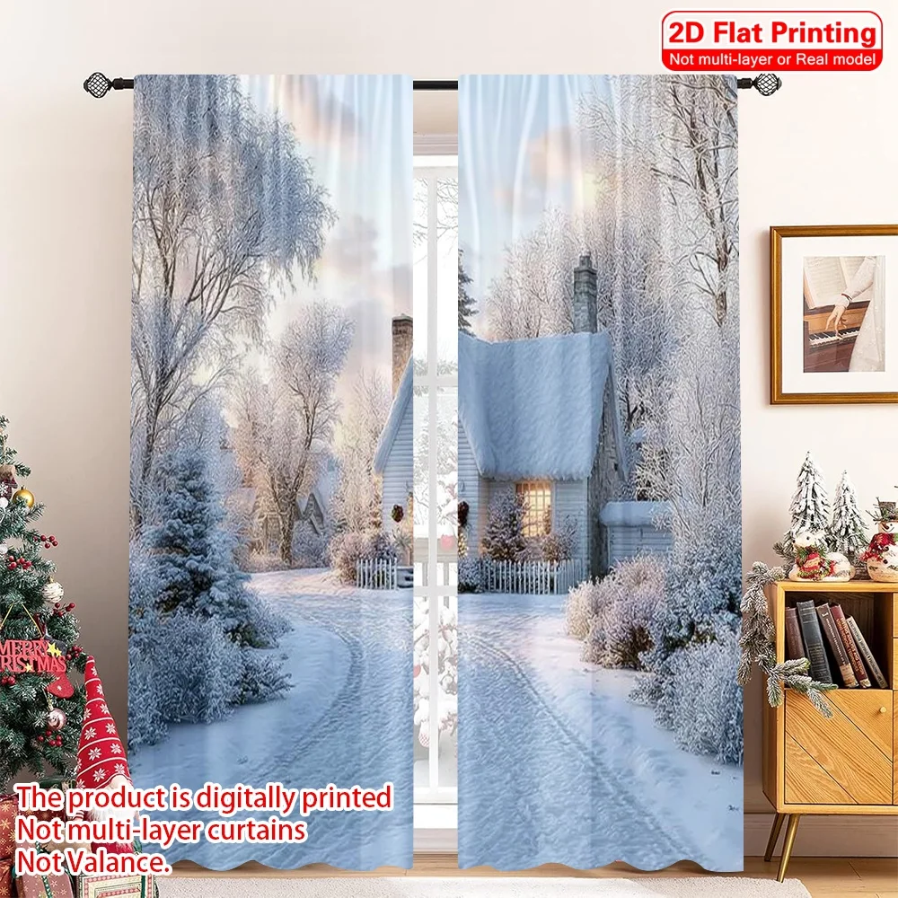 

2pcs 2D flat printing Merry Christmas Window Curtains Hut and Snow Machine Washable Polyester Without Electricity Family Party