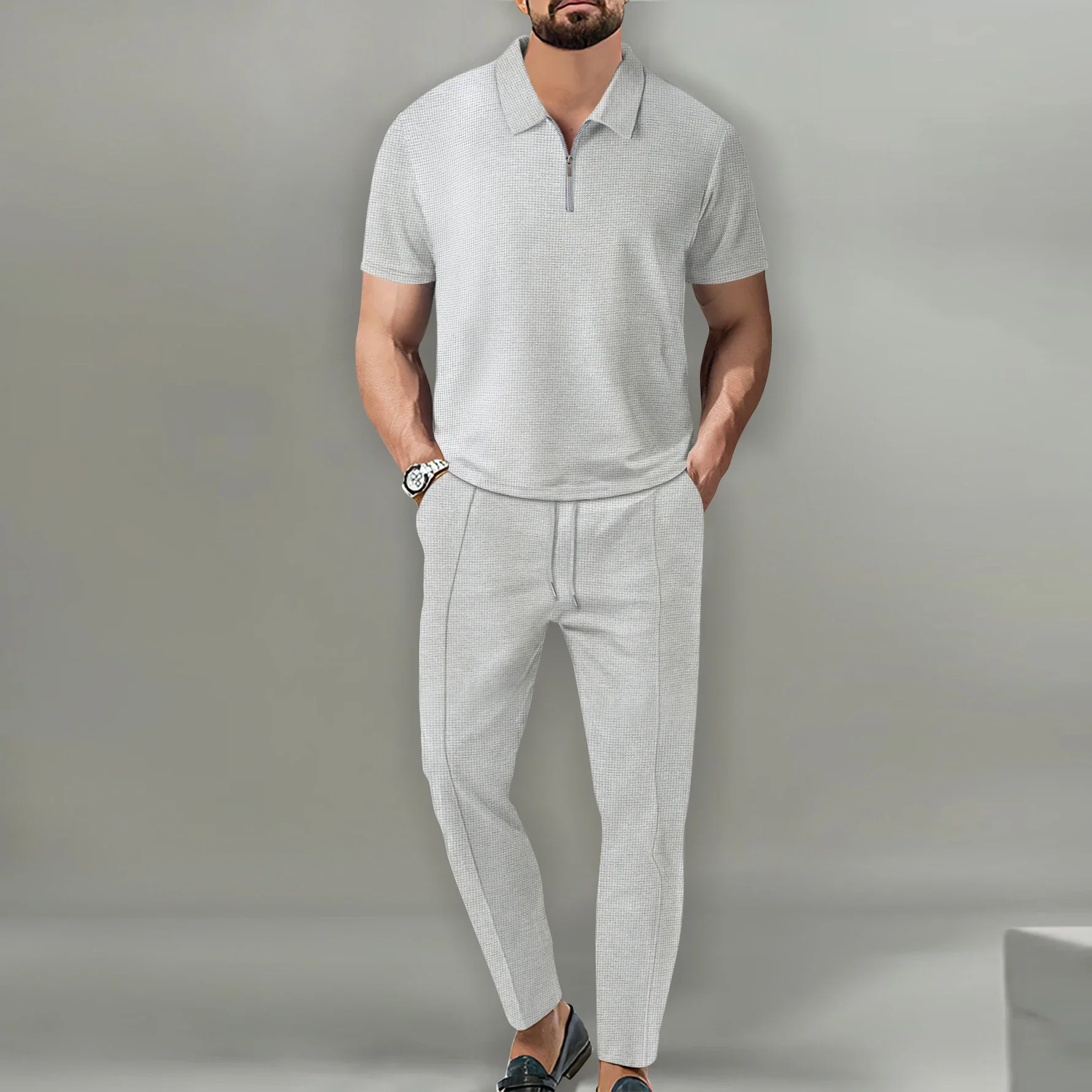 New Men's Waffle Knit Solid Color Lapel Collar Short Sleeve Zip Up Top & Long Pants 2 Piece Casual Tracksuit Set
