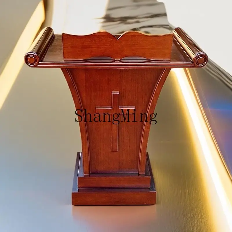 HJ طاولة محاضرات الكنيسة الجديدة المصنوعة من الخشب الصلب وطاولة المضيف وحامل قراءة عجلة عالمي مخفي متحرك