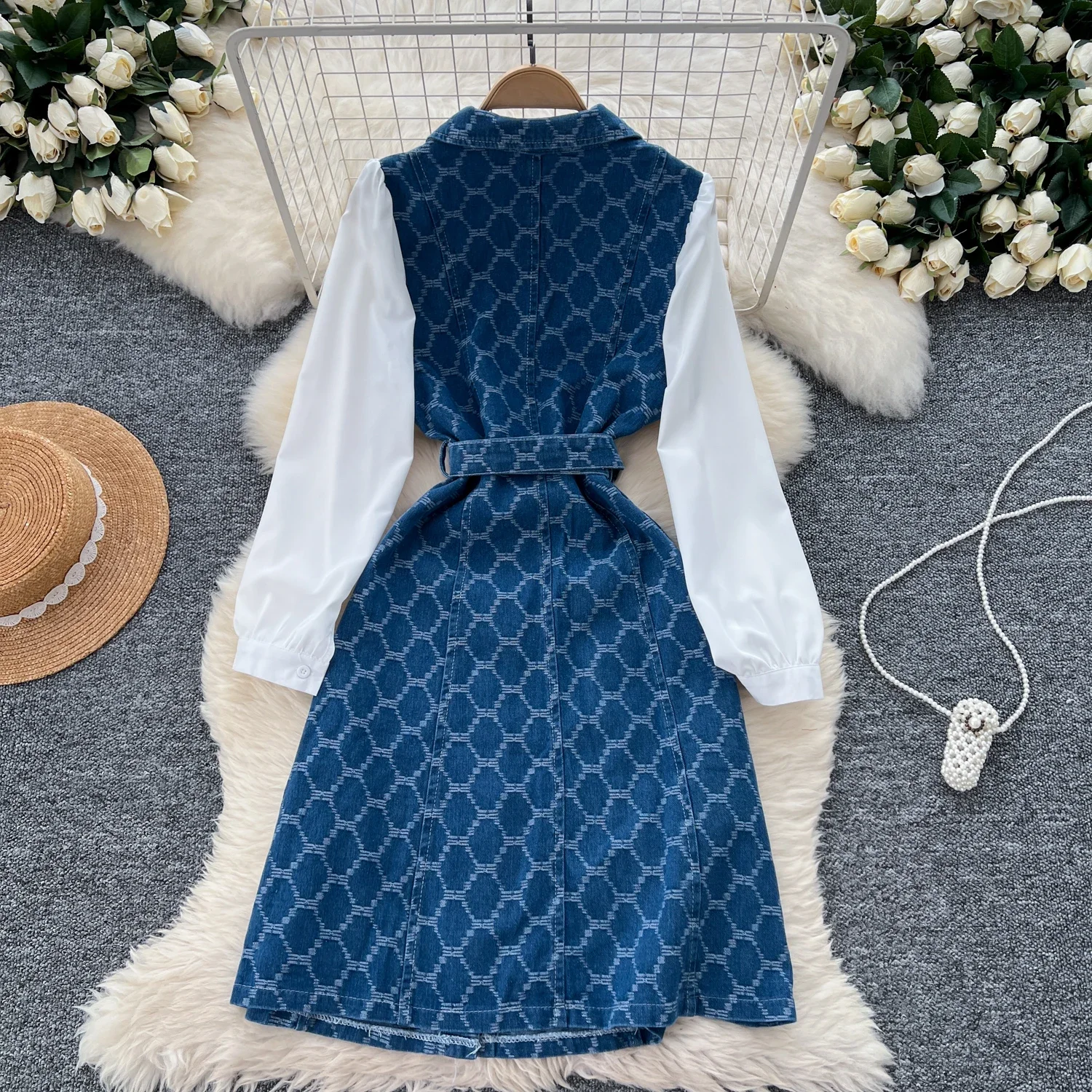 Chic Turn-down Collar Vintage Spliced Cowboy Basics Single Breasted Slim Sashes Dress French Fashion High Street Autumn Clothing