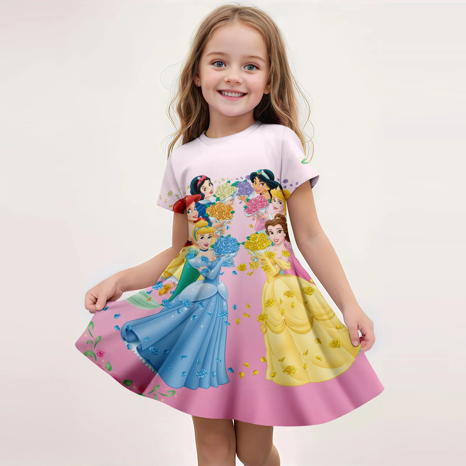 2026Summer Cute Cartoon Child Princess 3d Printed Short Sleeve Dress Girls Fashion Performance Clothes 4-14 Years Old Kids Skirt