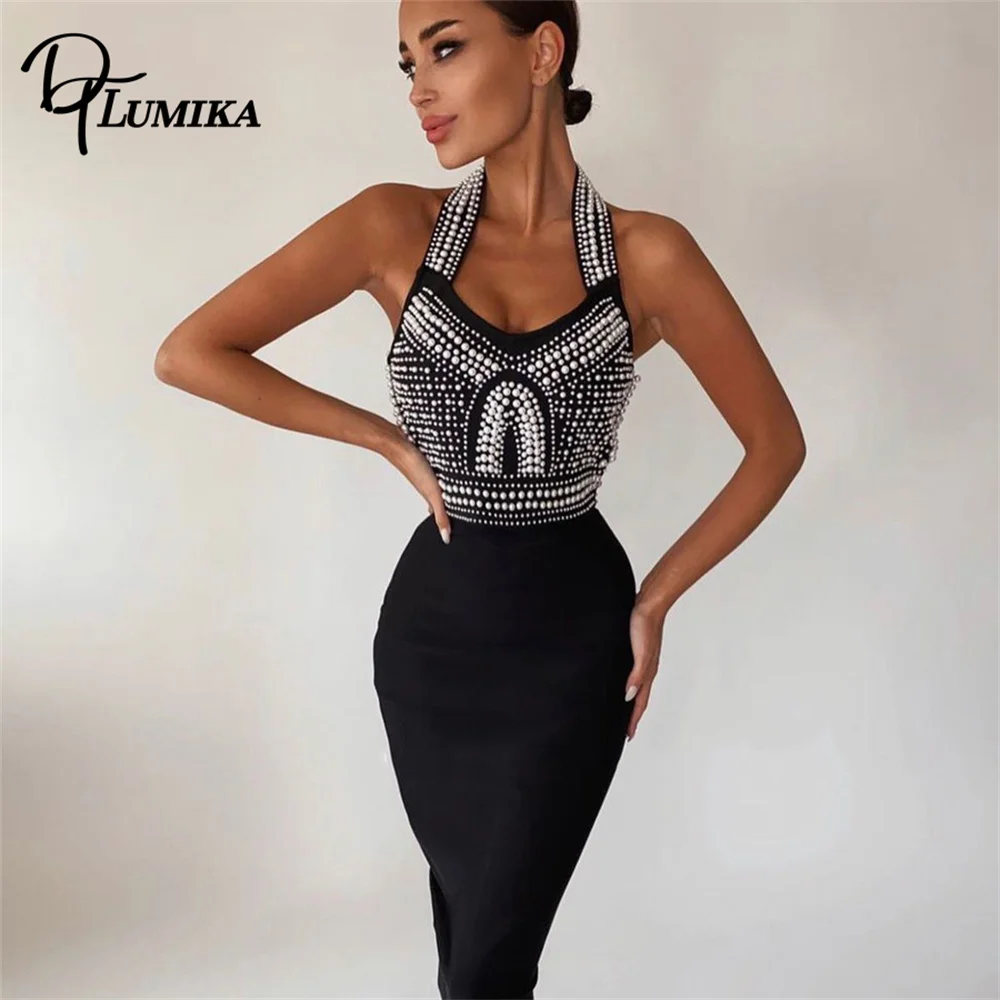 DTLumika Pearls Halter Dress for Women, Sleeveless Bodycon Dresses White Black Formal Evening Cocktail Party Gowns