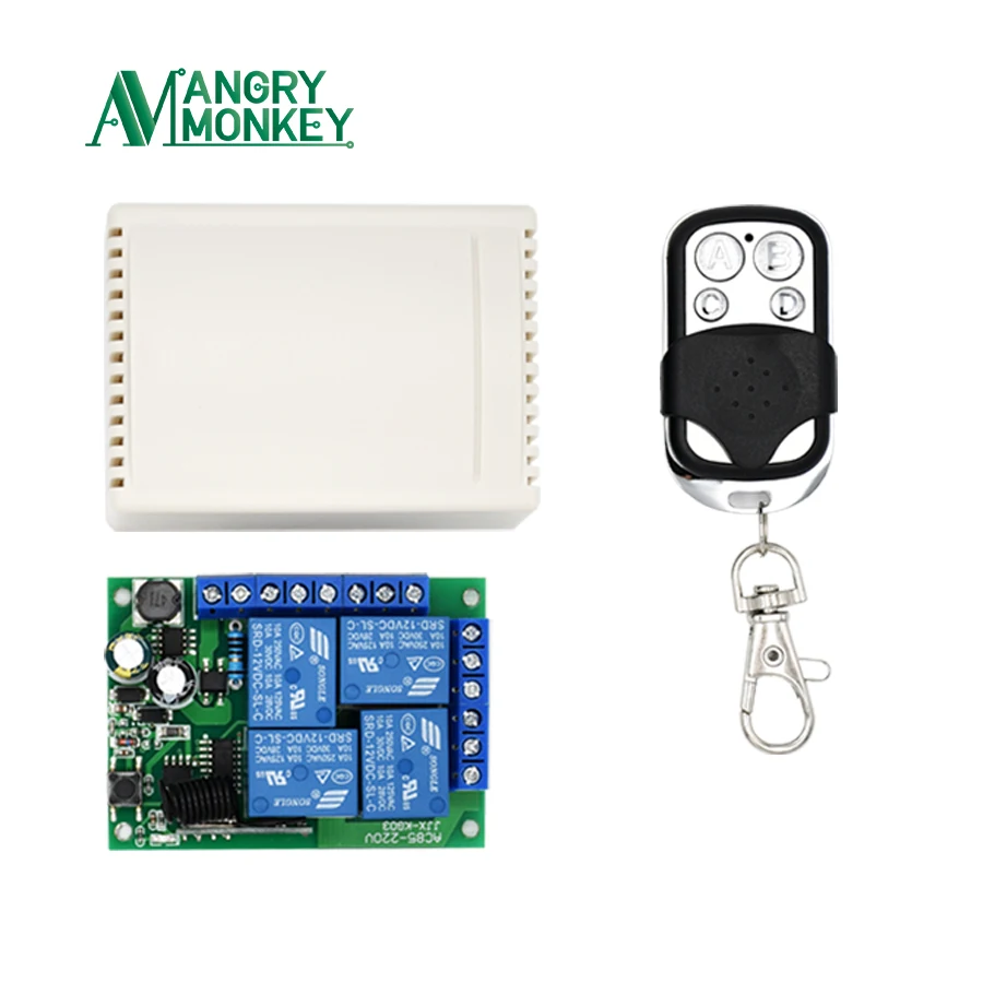 angry monkey 433Mhz Universal Wireless Remote Control Switch AC 85V ~ 250V 220V 4 Channel Relay Receiver Module and RF Control