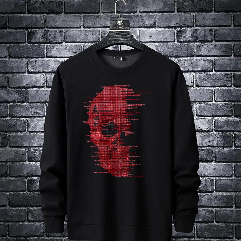 2023 Red Skull Rhinestones Men Hoodie Sweatshirt Fashion Streetwear Full O Neck Pullover Slim Hoodie Cotton Mens Autumn Clothes