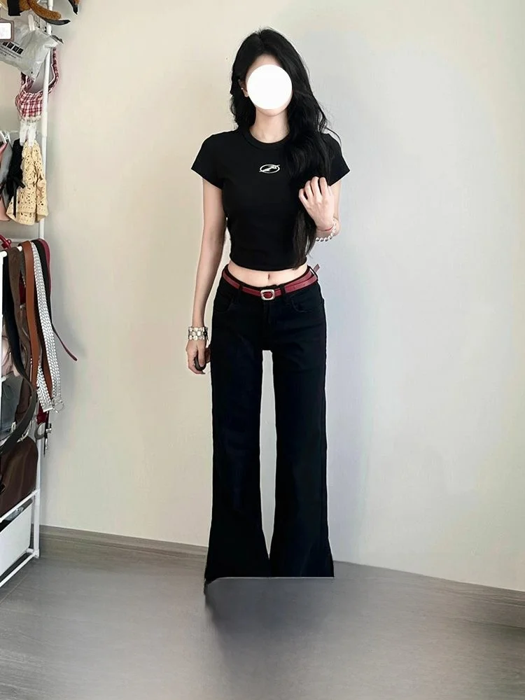 

Джинсы-колокольчики с низкой талией, женские облегающие свободные джинсы, осень-зима, новые брюки в американском стиле, однотонные, на молнии, прямые ноги