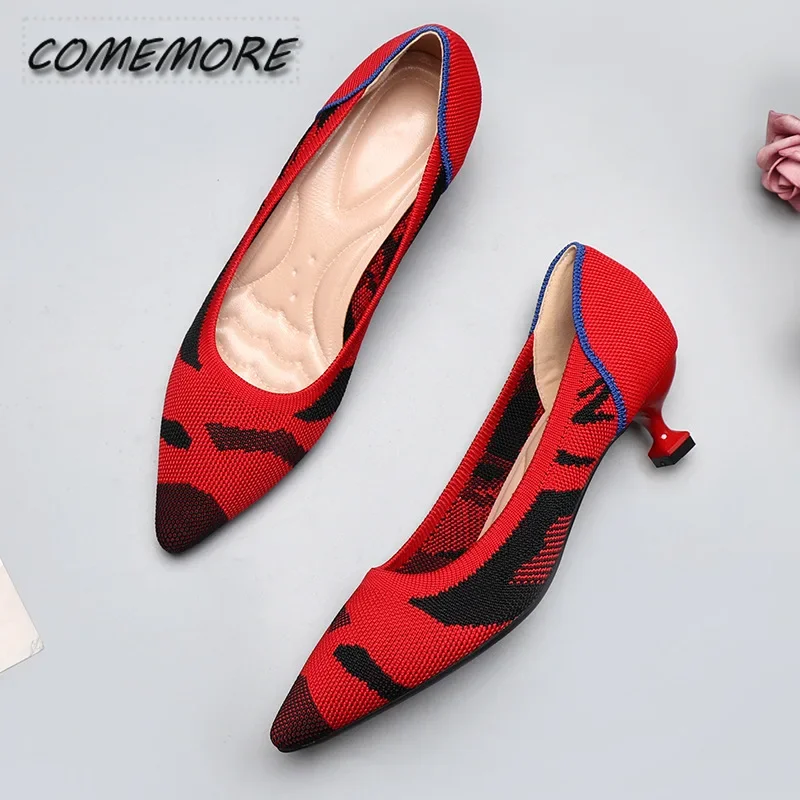 

Женская обувь, весна 2024, осень, туфли на массивном высоком каблуке, леопардовые эластичные вязаные туфли-лодочки с принтом, женские офисные туфли без шнуровки с острым носком