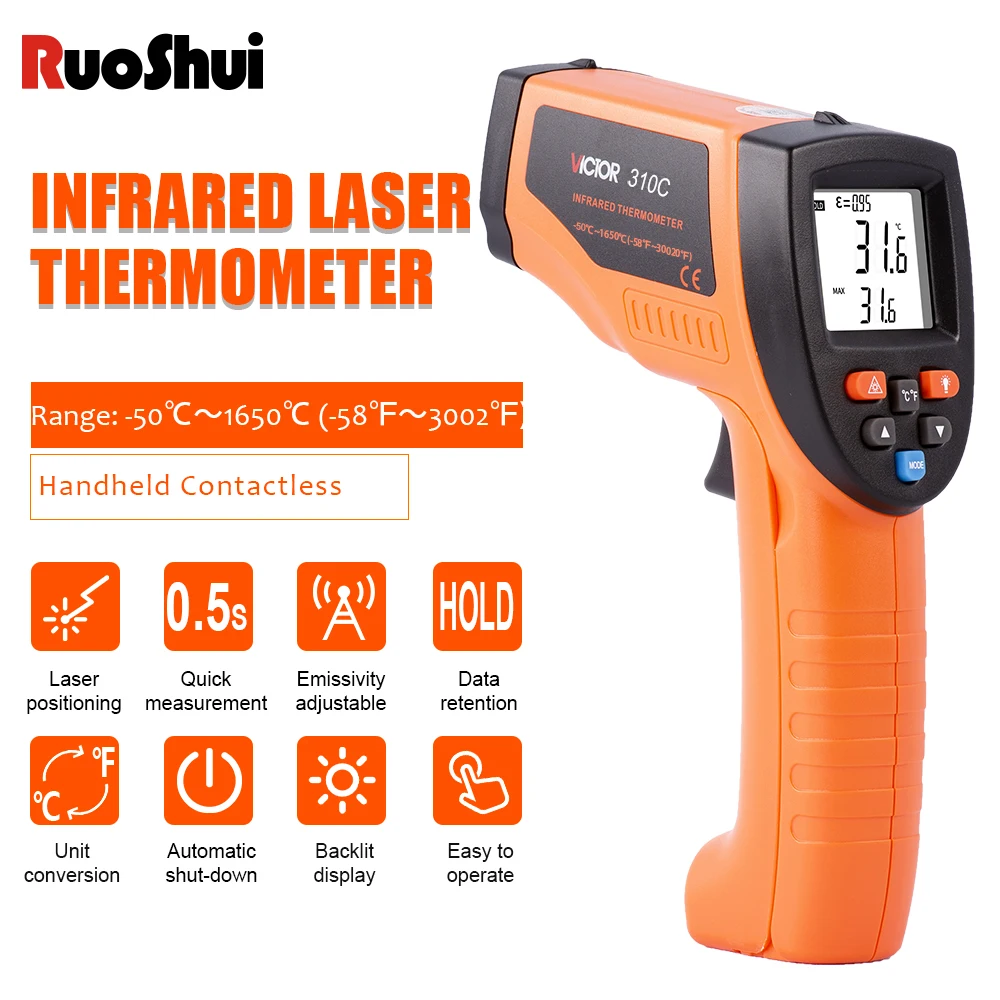 

RuoShui 310C Digital Infrared Thermometer -50-1650°C Handheld Contactless Pyrometer Industrial IR Temperature Measuring Gun Tool