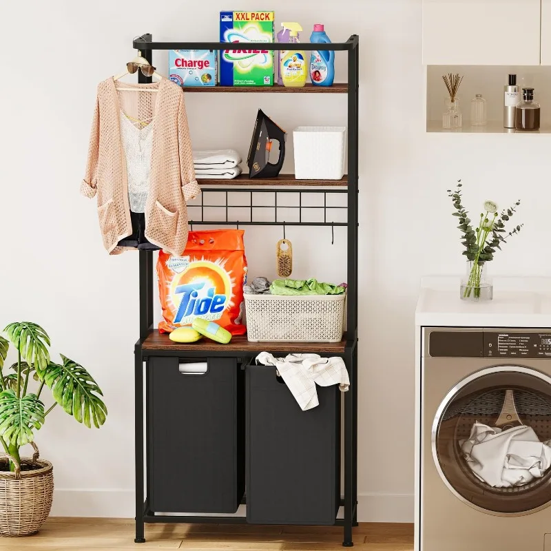 3-Tier Laundry Basket with Shelves and Hanging Rail, Tall Laundry Basket Sorter with Storage Rack, 2-Section Clothes Basket