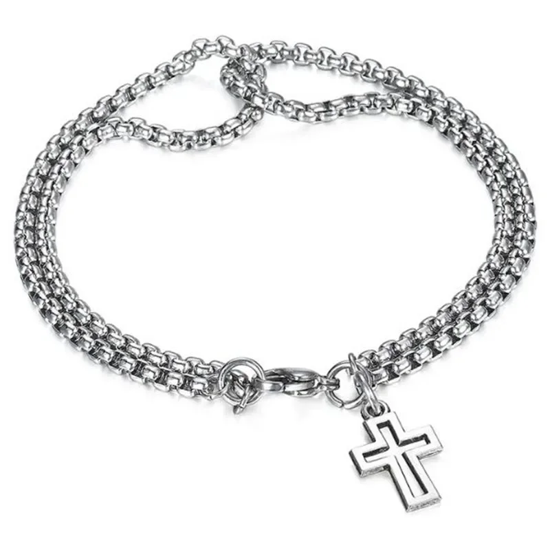 

smvp Fashion Double Chain Cross Hollow Wrist Bracelets Lobster Claw Clasp Stainless Steel Bracelet Hip Hop Punk Party Jewelry