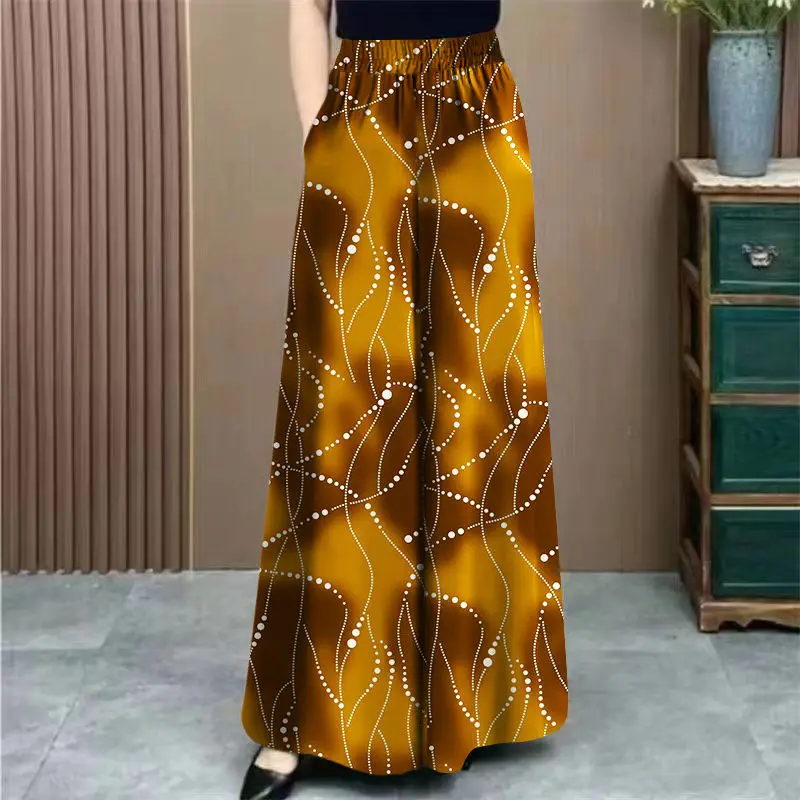 Ice Silk Floral Wide-leg  in Summer New High-waisted Slim Casual Temperament Mother Pants Skirt