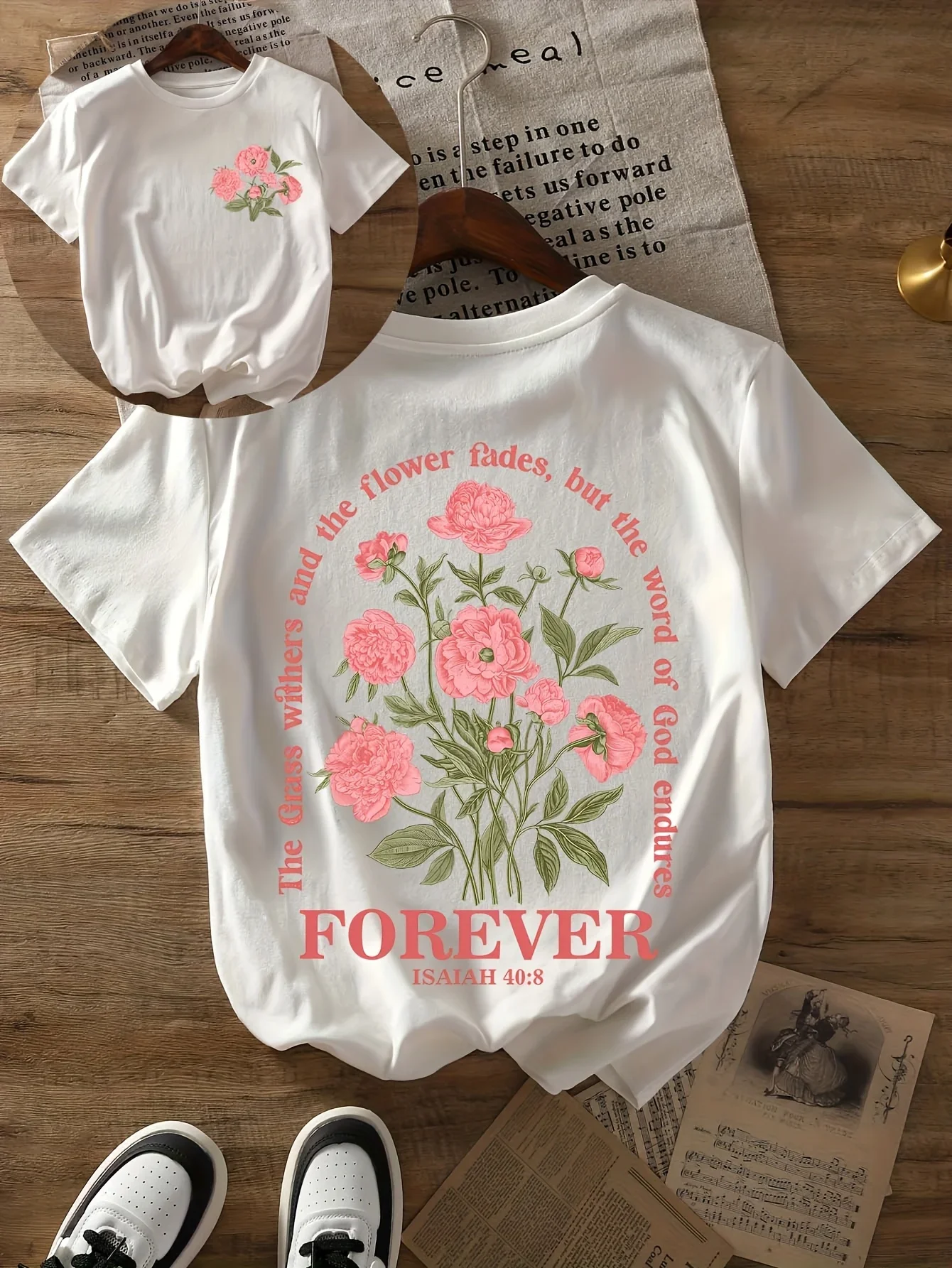 Bible Verse Lettering Printed Women Short Sleeve Summer Women's Clothing T-Shirt Flower Pattern Crew Neck Casual Tops