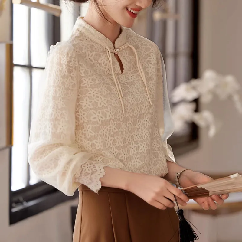 Office Lady Long Sleeve Stand Collar Women Blouse Spliced Apricot Lace Blouse Shirt Women Tops Blusas Mujer De Moda 2024 A753