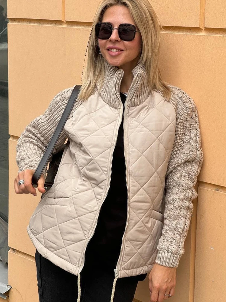 Fashion Women Knit Sleeve Splicing Jacket Loose Stand Neck Zip Front Drawstring Hem Warm Casual Coat Daily Commute Streetwear