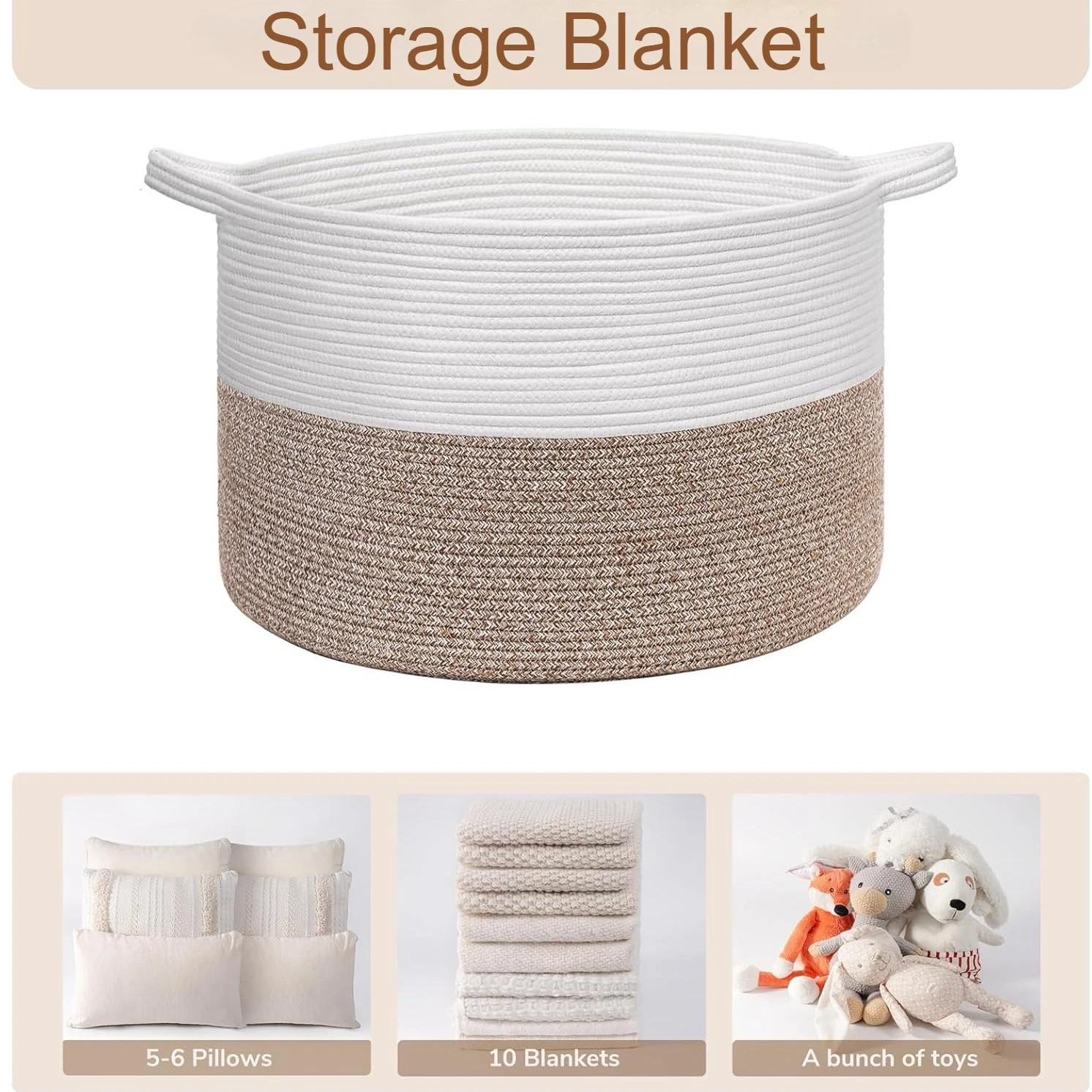 55*35cm Cotton Rope Basket Woven Baby Laundry Toy Blanket Basket with Handle Storage Comforter Cushions Thread Laundry Hamper