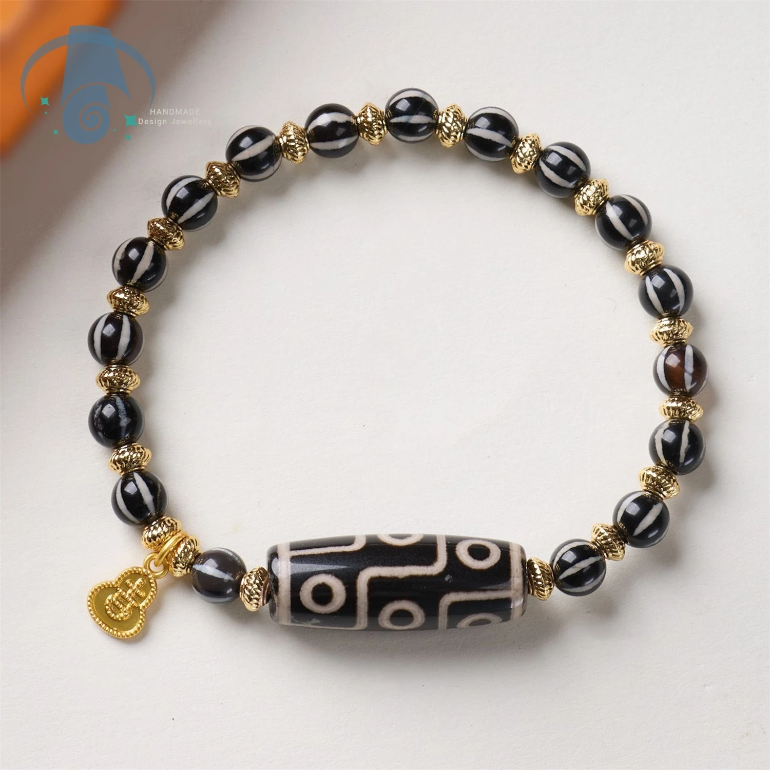 Natural Black Agate Nine Eyed Dzi Bead Gourd Bracelet Tibetan Ethnic Vintage Handmade Jewelry for Men Women Yoga Meditation Gift