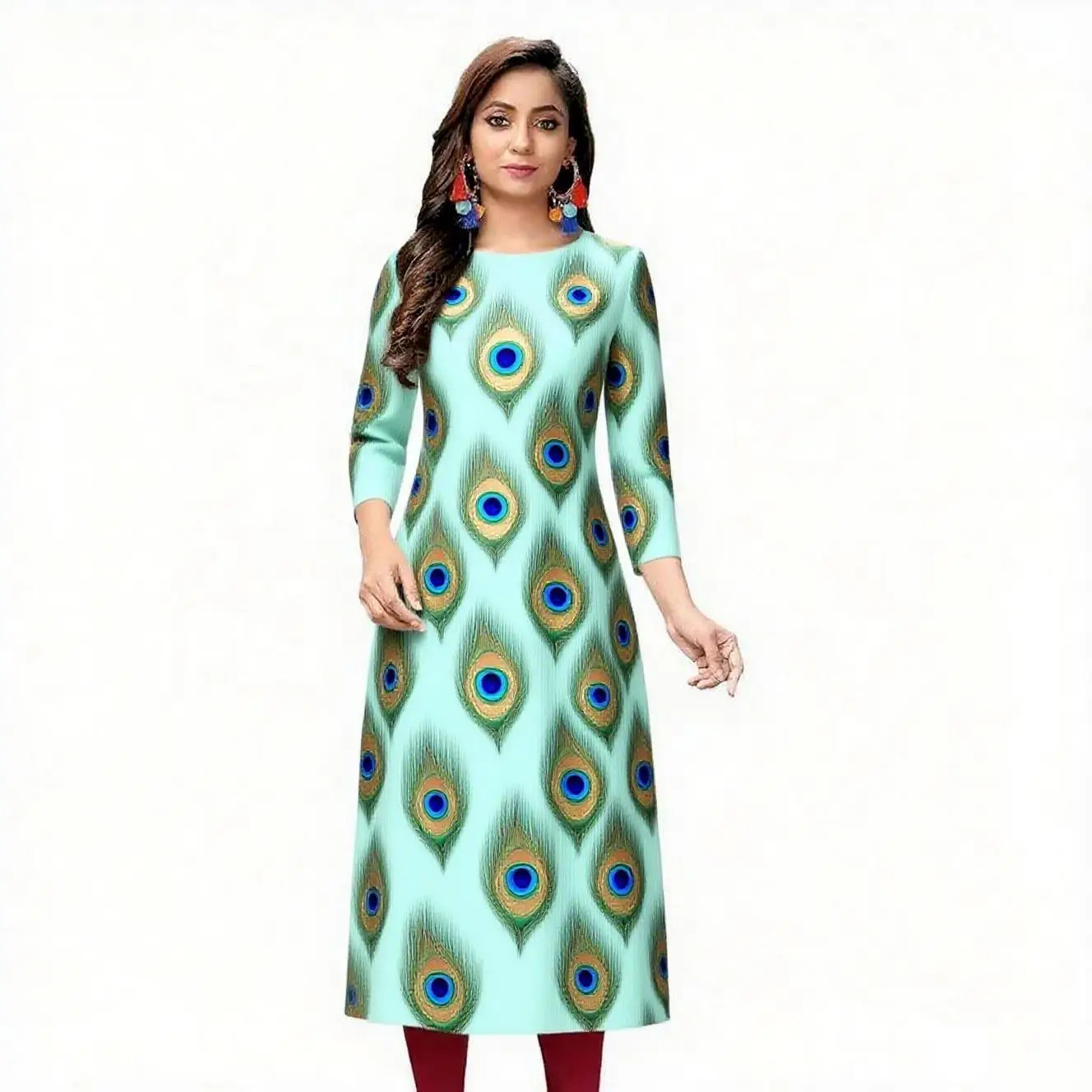 Women's fashionable and comfortable Kurt dress long sleeved straight tube casual ethnic round neck regular size new item