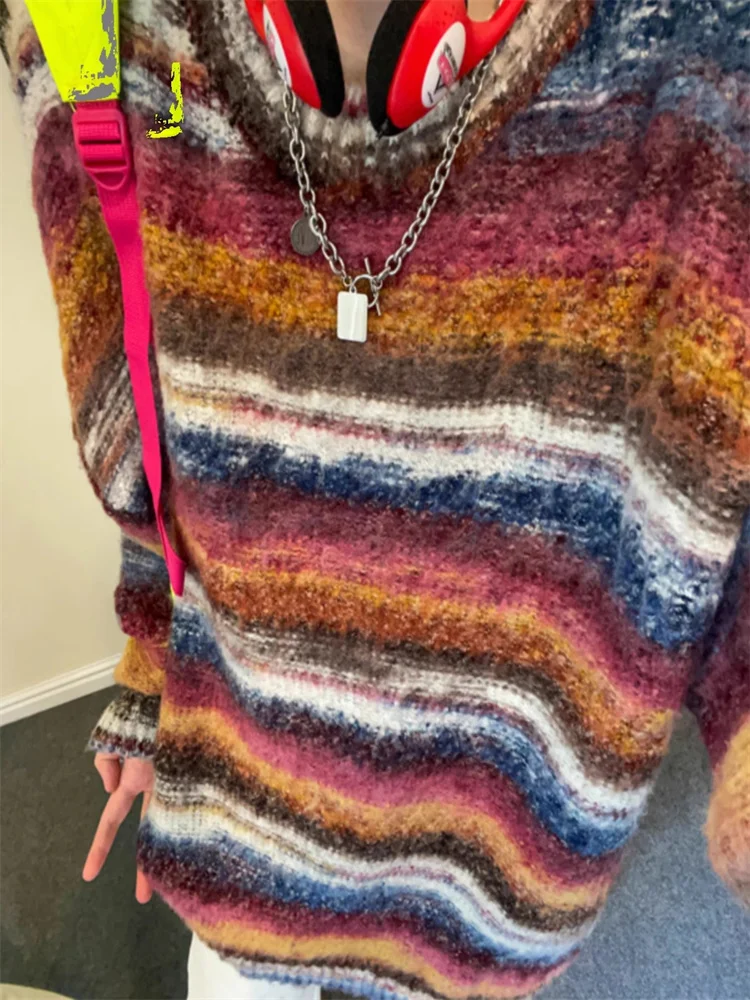 

Retro American round Ne Knitwear Men's Trendy Rainbow Stripes Color Blo Casual Long Sve Loose Fit Overhead Top