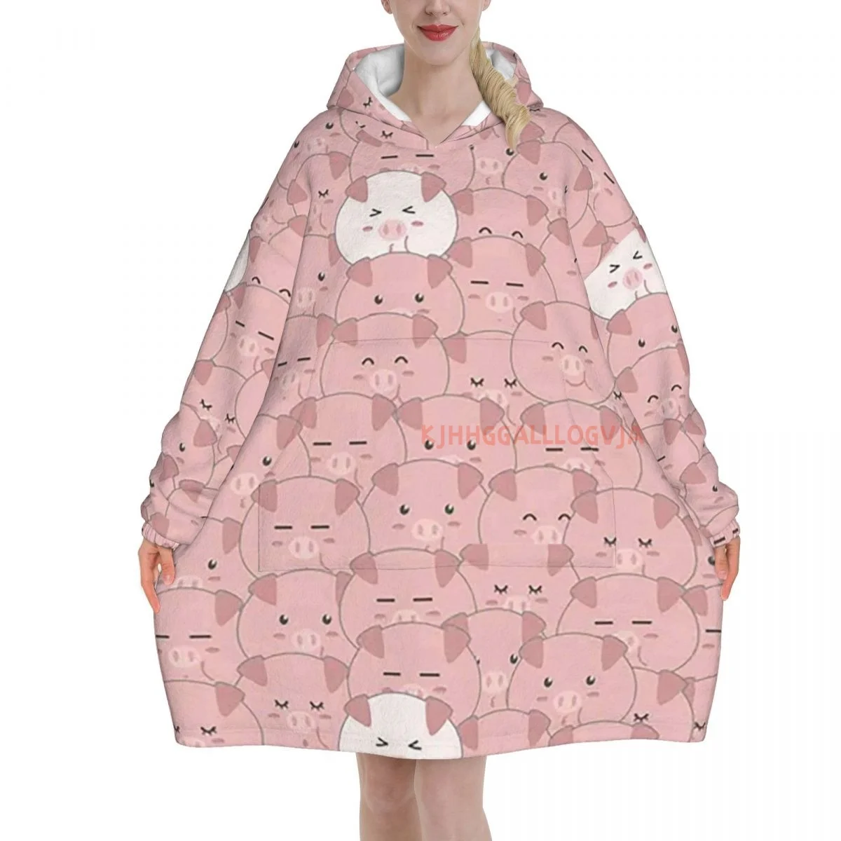 Cute Cartoon Pink Pig Wearable Flannel Blanket Hoodie Oversized Hooded Blanket Pullover Sweatshirt Fleece Sherpa Blankets